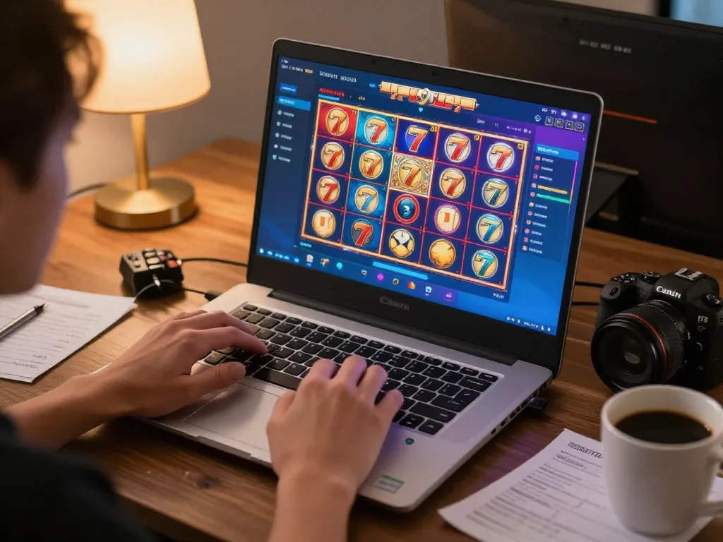 Engaged player spinning slot777 reels while gaming at home setup, showing vibrant graphics and warm atmosphere.