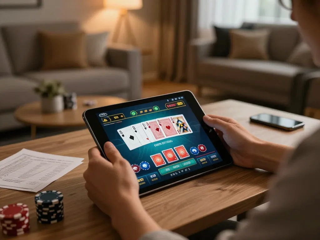 Engaging in online poker at sc88 with vibrant cards displayed on mobile device in cozy setting.