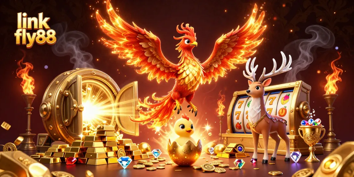 Play your luck with link fly88, featuring a vibrant phoenix scene in a dazzling casino.