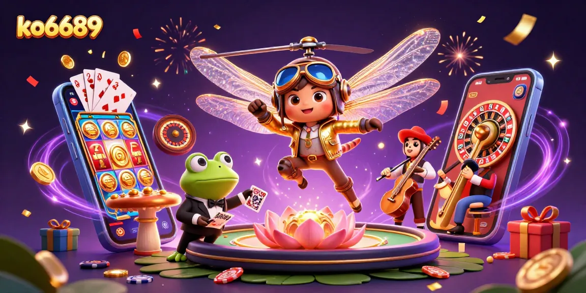 Experience the fun of ko6689 with a dragonfly pilot and frog dealer in a vibrant casino scene.