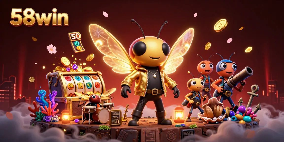 Experience 58win’s vibrant action with a 3D cicada rock star amidst treasure and slot reels