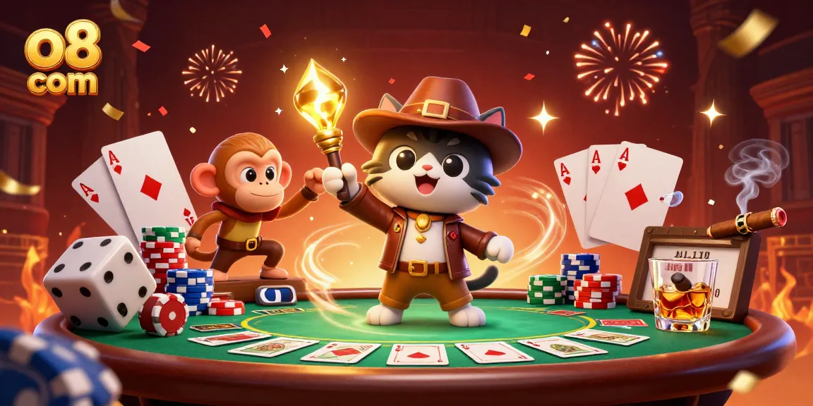 Play exciting games at o8 com with an explorer cat and monkey discovering hidden casino treasures.