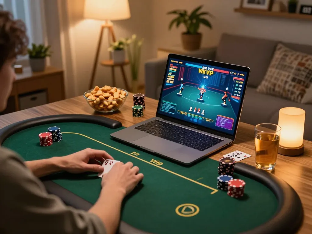 Engaged player enjoying a game of rik vip poker in a cozy home setup.