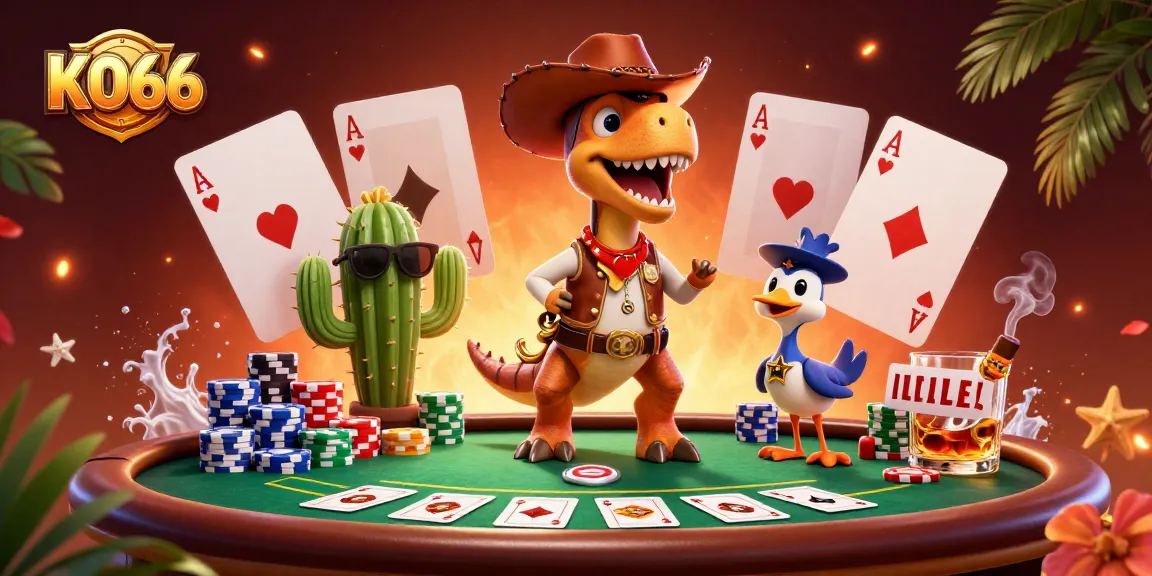 KO66 showcases a vibrant poker scene with a cartoon cowboy dinosaur and friends.