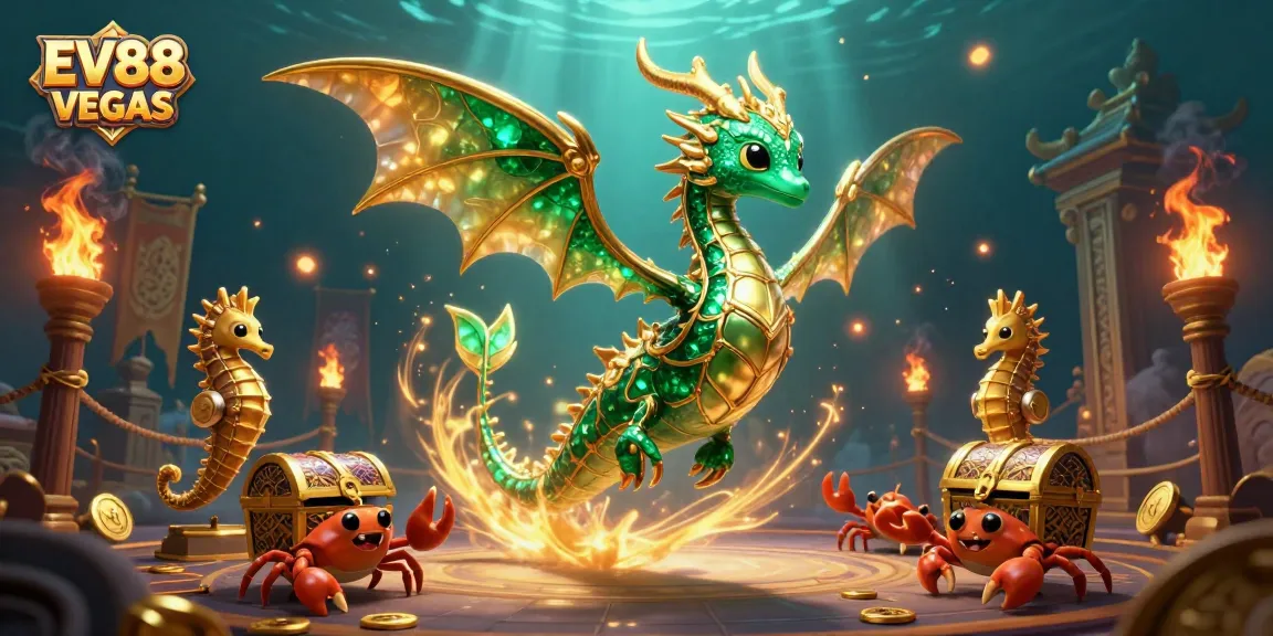 Experience the thrill of winnings at EV88 VEGAS with an elaborate 3D casino scene featuring unique characters.