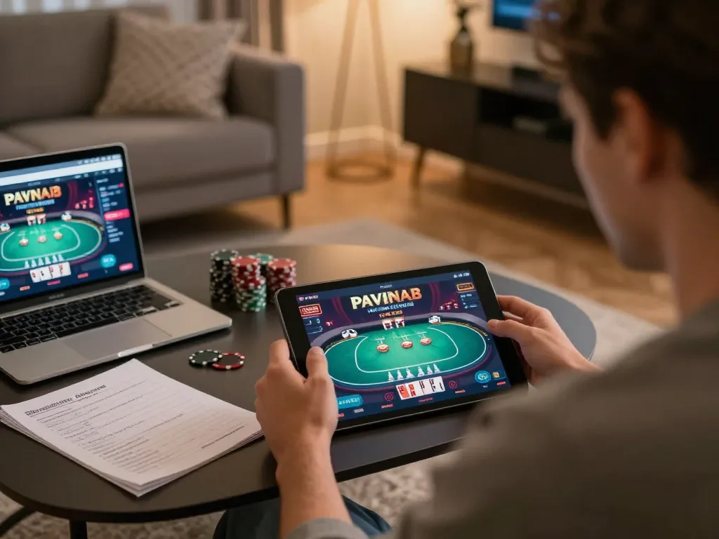 Engaged player analyzing poker odds on vipwin79 while enjoying a cozy home setup