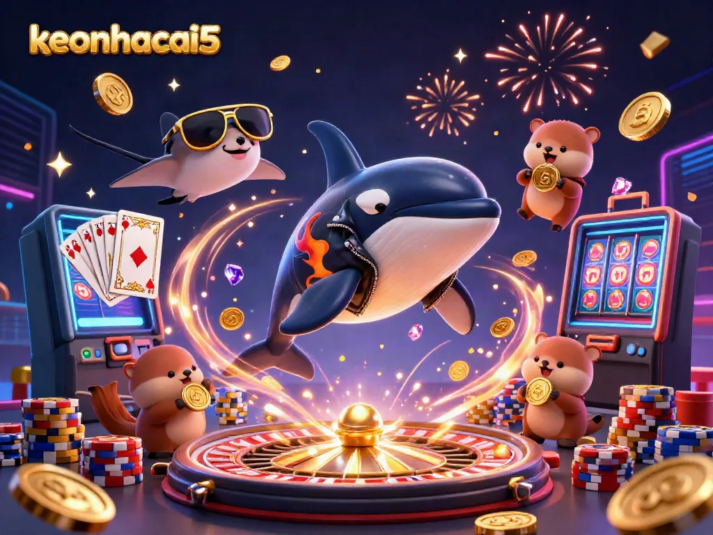 Engage with keonhacai5 as vibrant sea creatures celebrate with golden coins amidst dynamic casino elements.