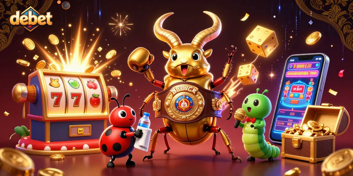 Experience thrilling winnings with debet's interactive 3D casino scene featuring vibrant games and characters.