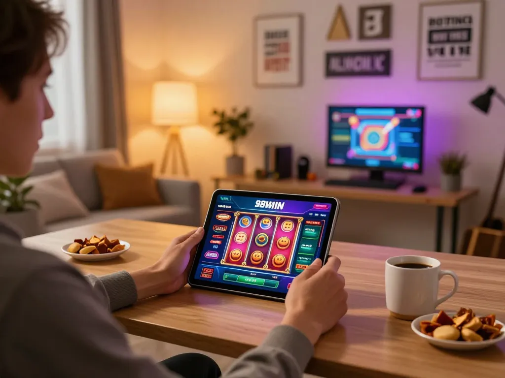 Engaging with the 98WIN app for online gambling on a cozy tablet setup