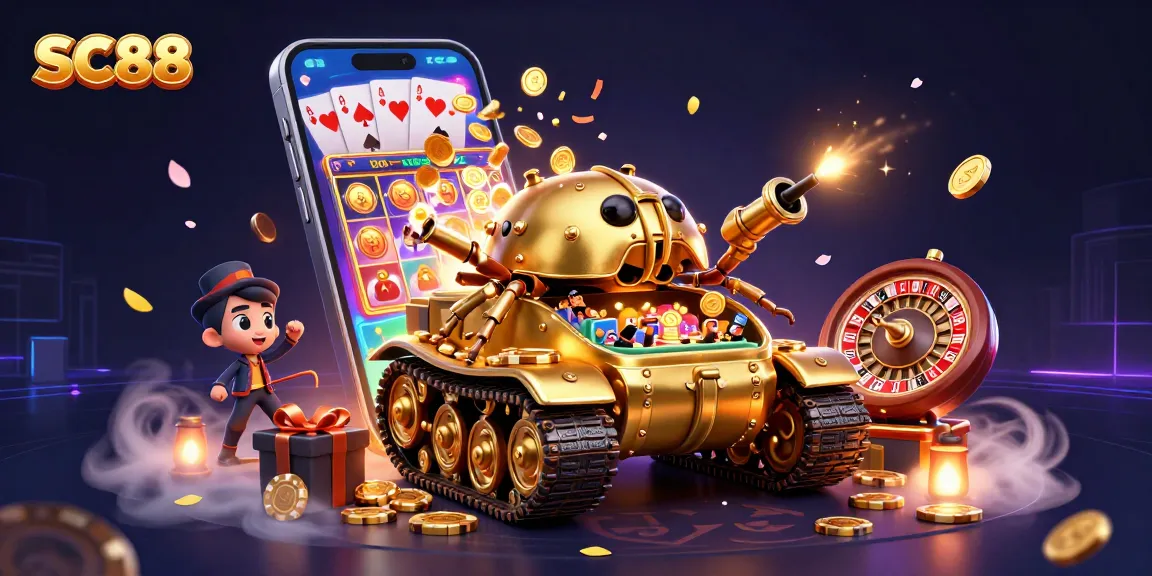 Experience SC88's excitement with a golden beetle tank revealing a mini casino and dynamic gaming elements.