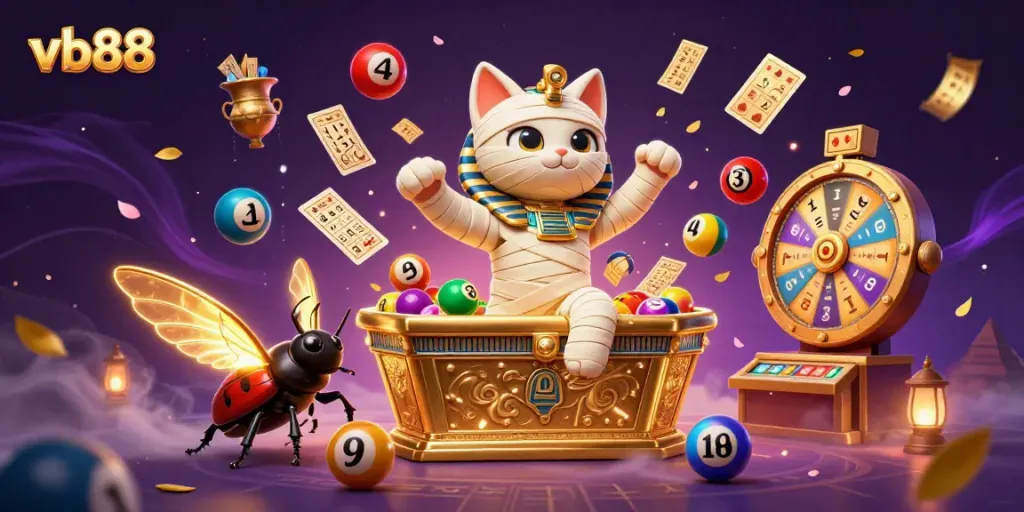 Engage in thrilling games with vb88 featuring a mummy cat, golden sarcophagus, and dynamic lottery elements.