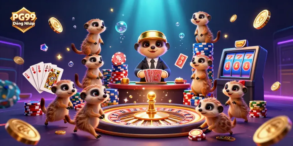 Engaging scene showcasing PG99 Đăng Nhập with meerkats managing a casino, colorful chips, and spinning roulette.