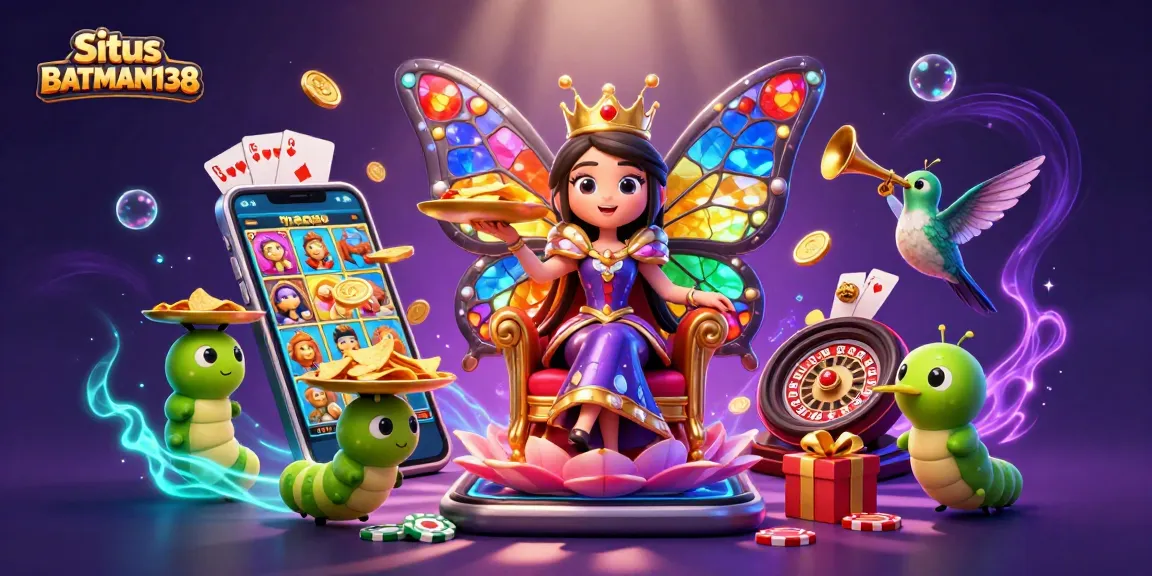 Membangkitkan semangat di Situs BATMAN138 dengan ilustrasi 3D ratu kupu-kupu dan elemen permainan slot yang berwarna-warni.