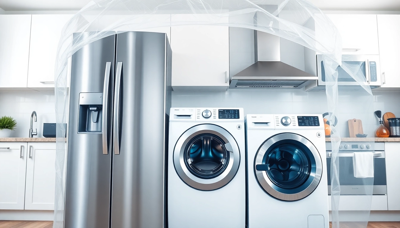 Showcasing home systems and appliance protection with modern appliances under a shield in a kitchen setting.