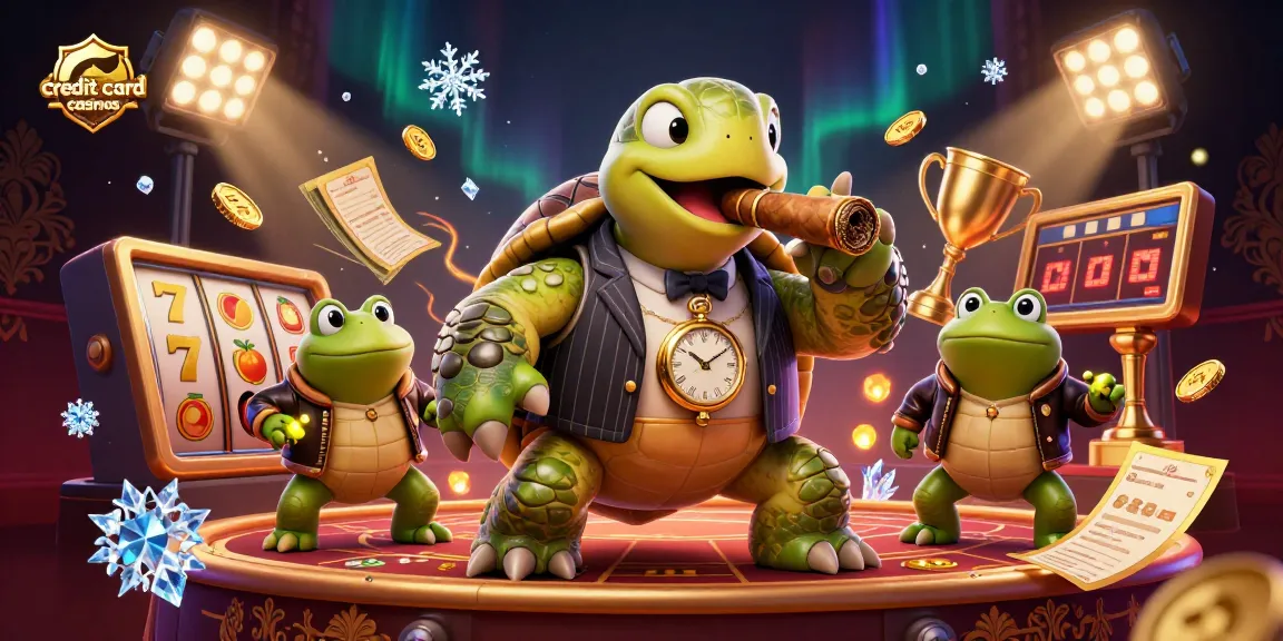 Experience excitement at credit card casinos with a vivid scene featuring a turtle mobster and bullfrog enforcers.