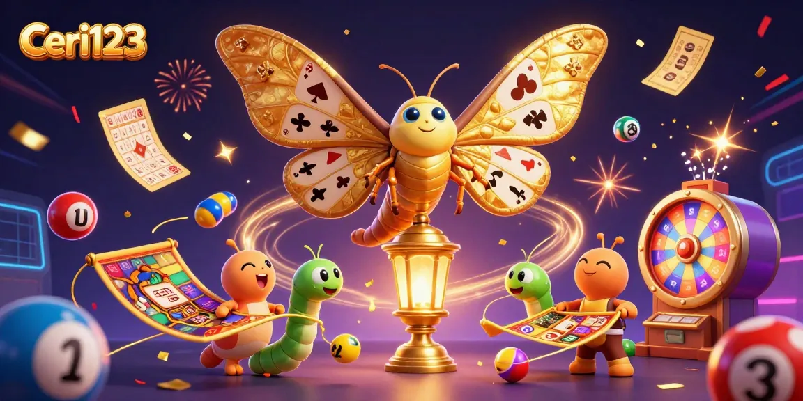 Ceri123 showcases a vibrant casino scene with a 3D moth, golden tickets, and exciting lottery action.