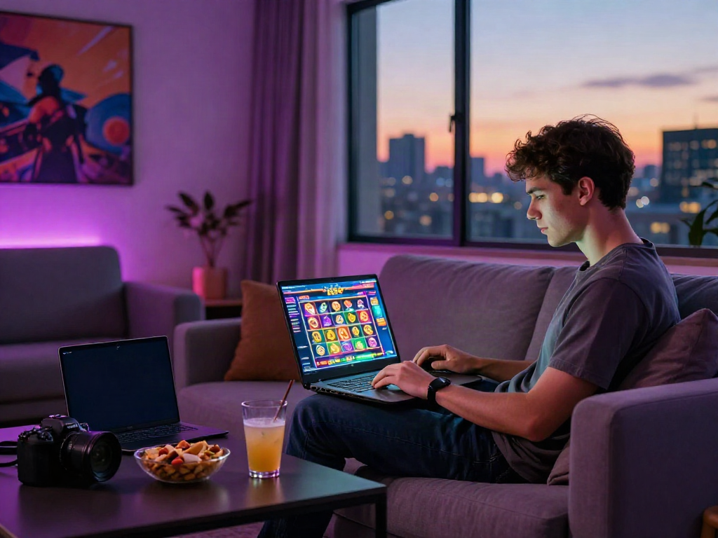 Engaging gaming experience at home with https://man88pro.com/ displayed on the laptop screen.