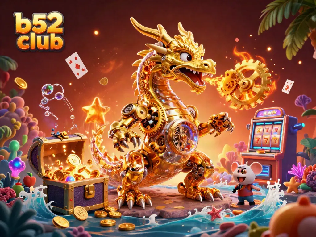 Engage in thrilling gameplay at b52 club, featuring a golden dragon amidst slots and treasures.