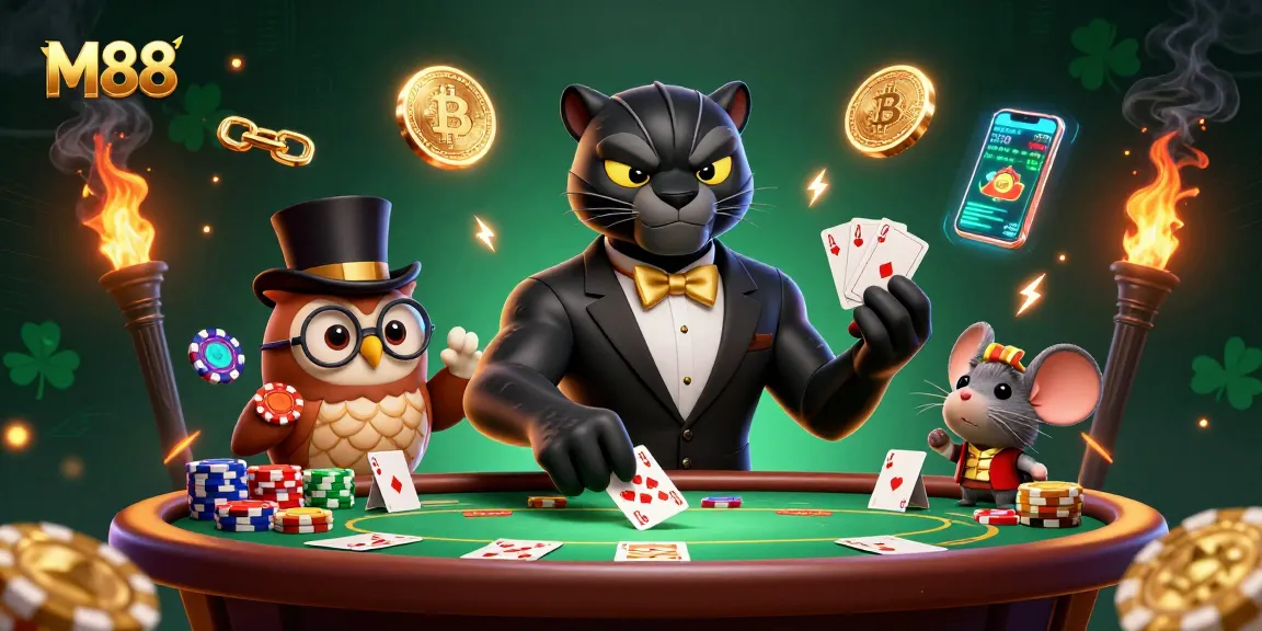 Experience high-stakes action at M88 with a stylish cartoon black panther dealing poker cards surrounded by vibrant game elements.