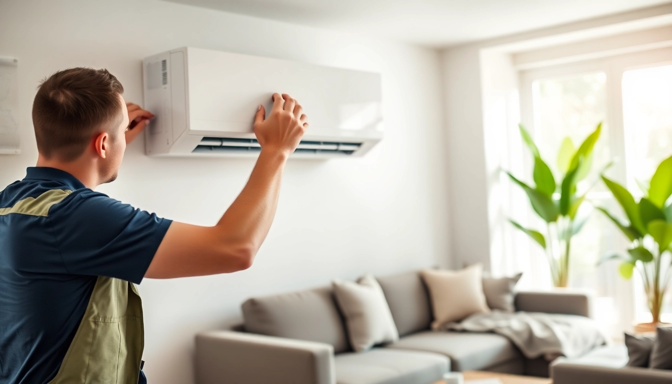 Installing a mini split ac in a contemporary living space, showcasing modern design and efficiency.