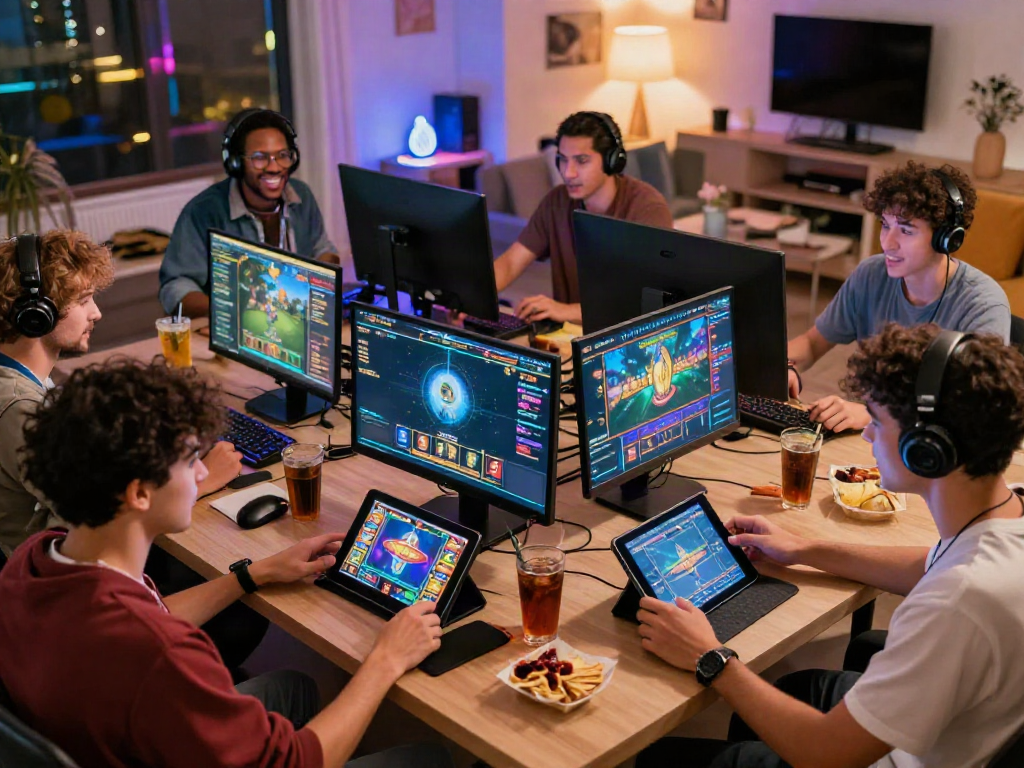 Players enjoying qqmacan alternatif in a vibrant gaming lounge with high-performance setups and engaging slot games.