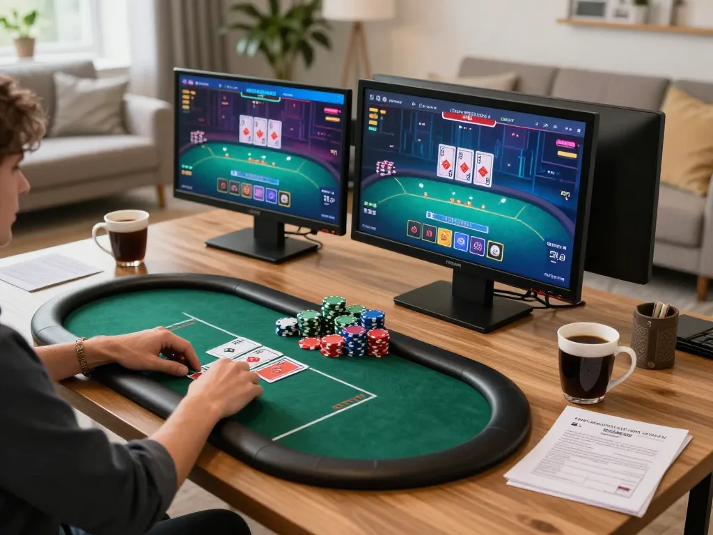 Engage with QQ88 movie through an immersive online poker game featuring a cozy gaming setup.
