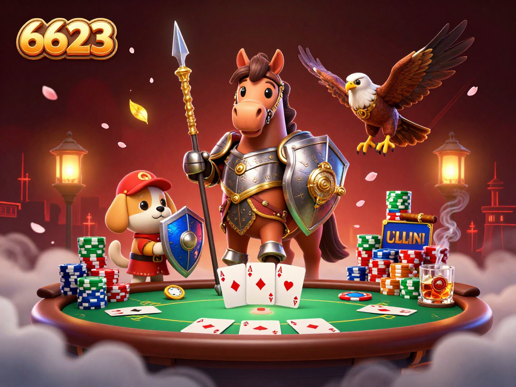 Engage in thrilling gaming with 6623, featuring medieval knights and poker elements in an exciting casino atmosphere.