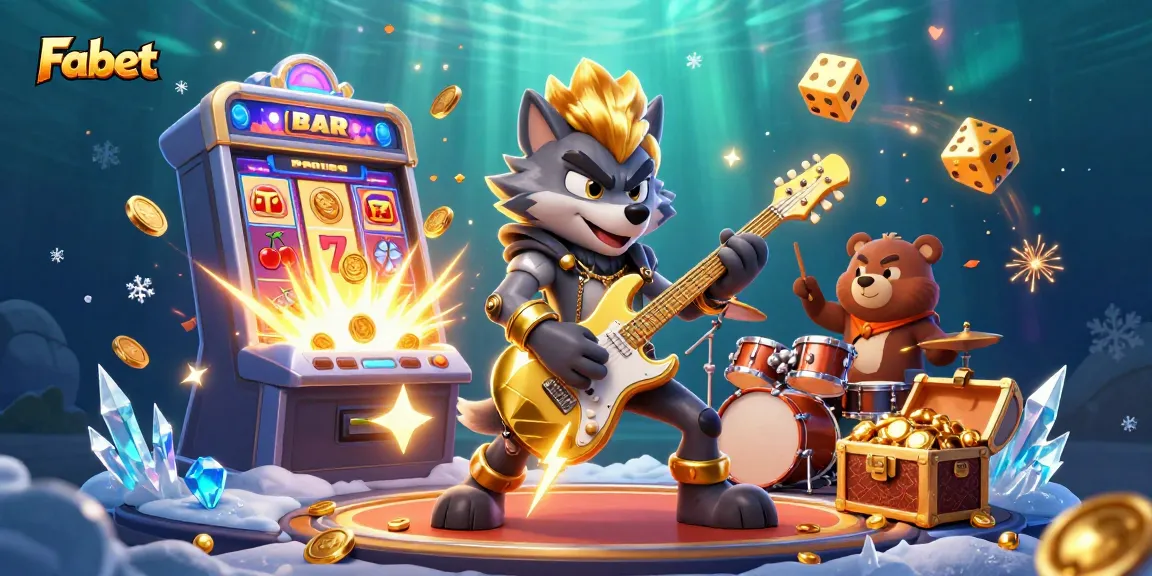 Win big with Fabet at a vibrant casino scene featuring cartoon characters and slot machines.