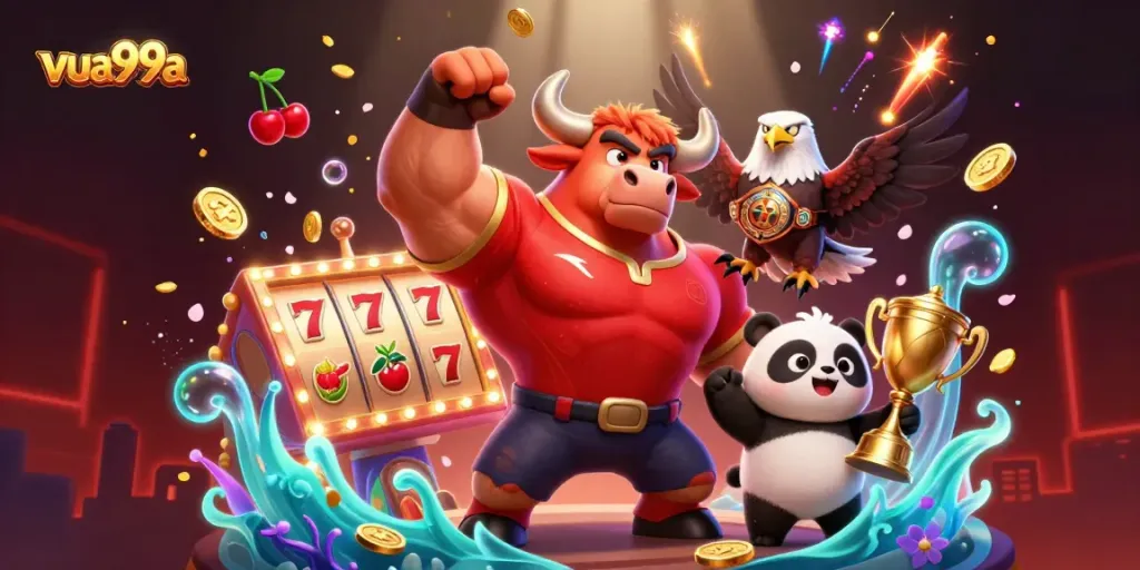 Experience the excitement of slots with vua99a's vibrant 3D illustration, featuring a bull mascot and lively gaming elements.