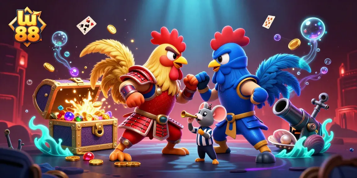 lu 88 offers thrilling action as cartoon roosters duel amid explosive treasures and vibrant casino elements.
