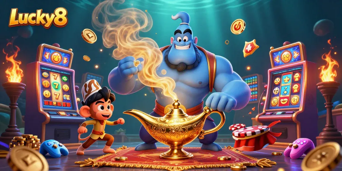 Spin to win with Lucky8 in this colorful illustration featuring a genie and a magic carpet.