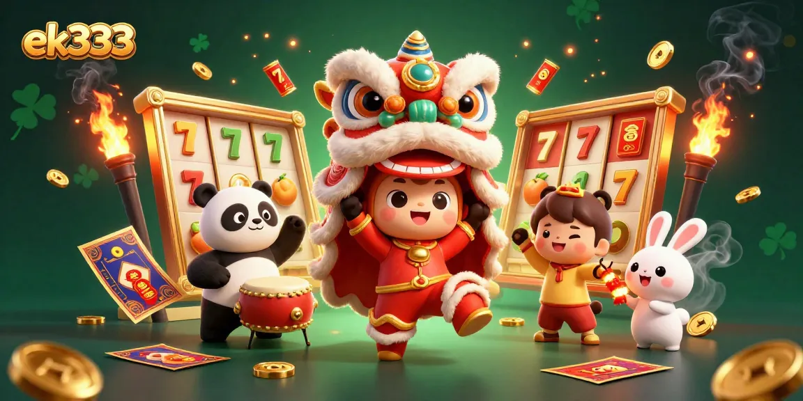 Engage in slots excitement with ek333's vibrant 3D casino illustration featuring a festive lion dance.