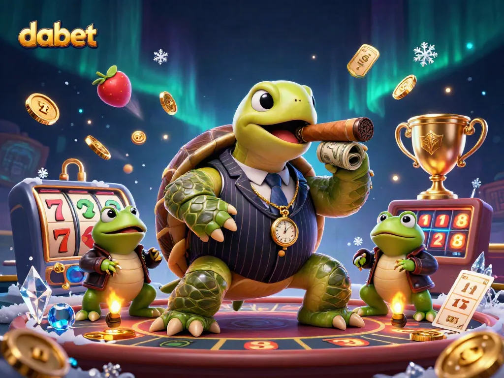 Winning big with dabet at a lively casino featuring a turtle in mobster attire and slot reels.