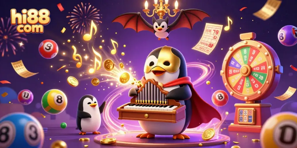 Experience excitement at hi88 com with a vibrant casino scene featuring a penguin playing organ amidst golden coins.