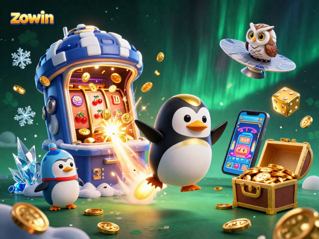 Zowin offers exciting casino adventures with a golden penguin in an explosive jackpot scene.