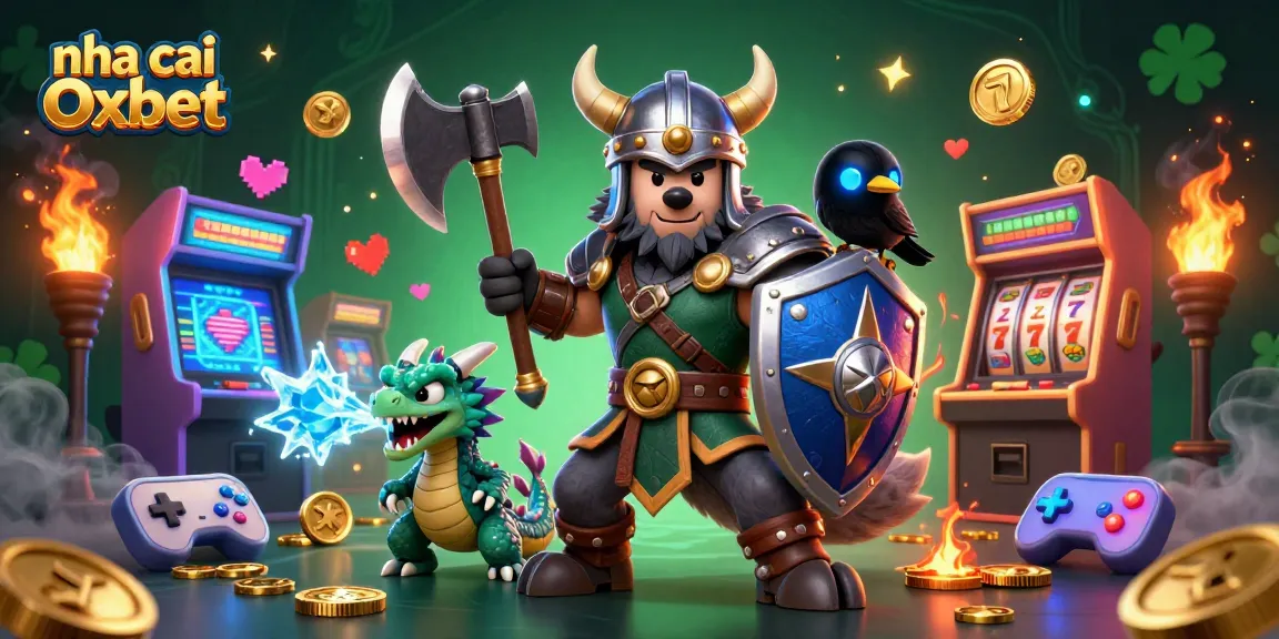 Engage with nha cai Oxbet in this vibrant 3D scene showcasing a Viking wolf warrior, fierce dragon, and glowing game elements.