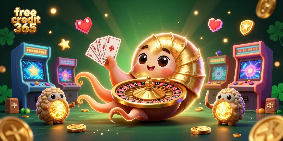 Engage with free credit 365 in this vibrant 3D casino scene showcasing a golden-spired nautilus, arcade elements, and luminous ammonites.