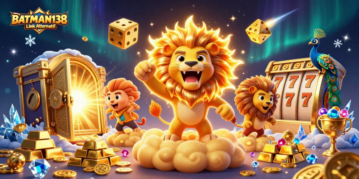 Bermain slot online seru di BATMAN138 Link Alternatif dengan karakter menarik dan elemen kasino berkilauan.