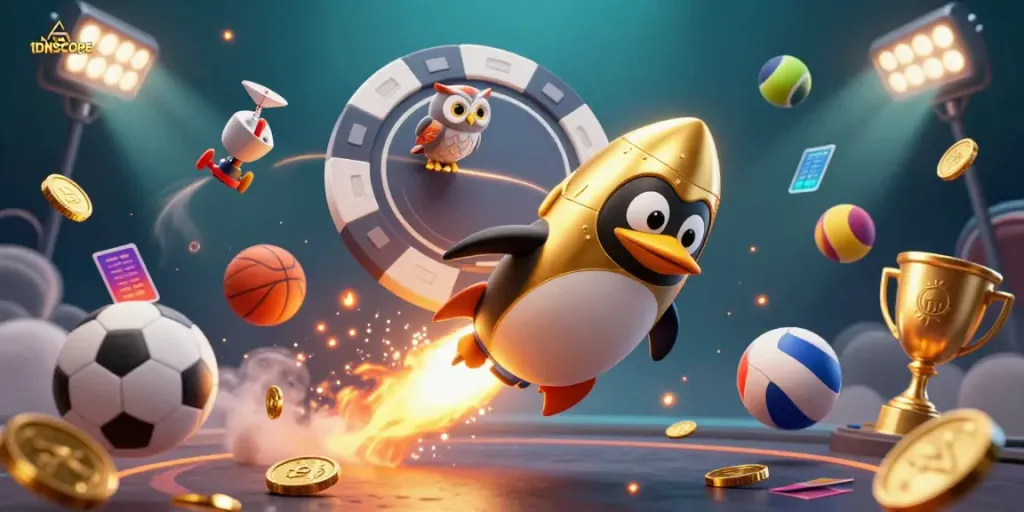 Experience the excitement of IDNSCORE with a golden penguin rocket and sports elements flying in a vibrant casino setting.