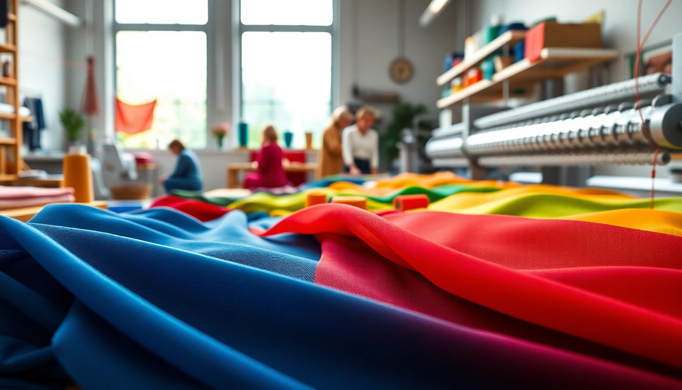 Viscose stoffen en garens in een creatieve werkplaats, met rijke kleuren en texturen.