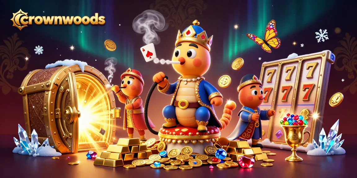 Engage with crownwoods' vibrant casino scene featuring a whimsical caterpillar and dazzling treasures.