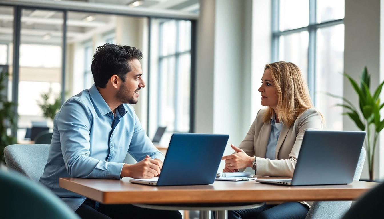 Engaging career coaching session between a coach and client in a modern office.