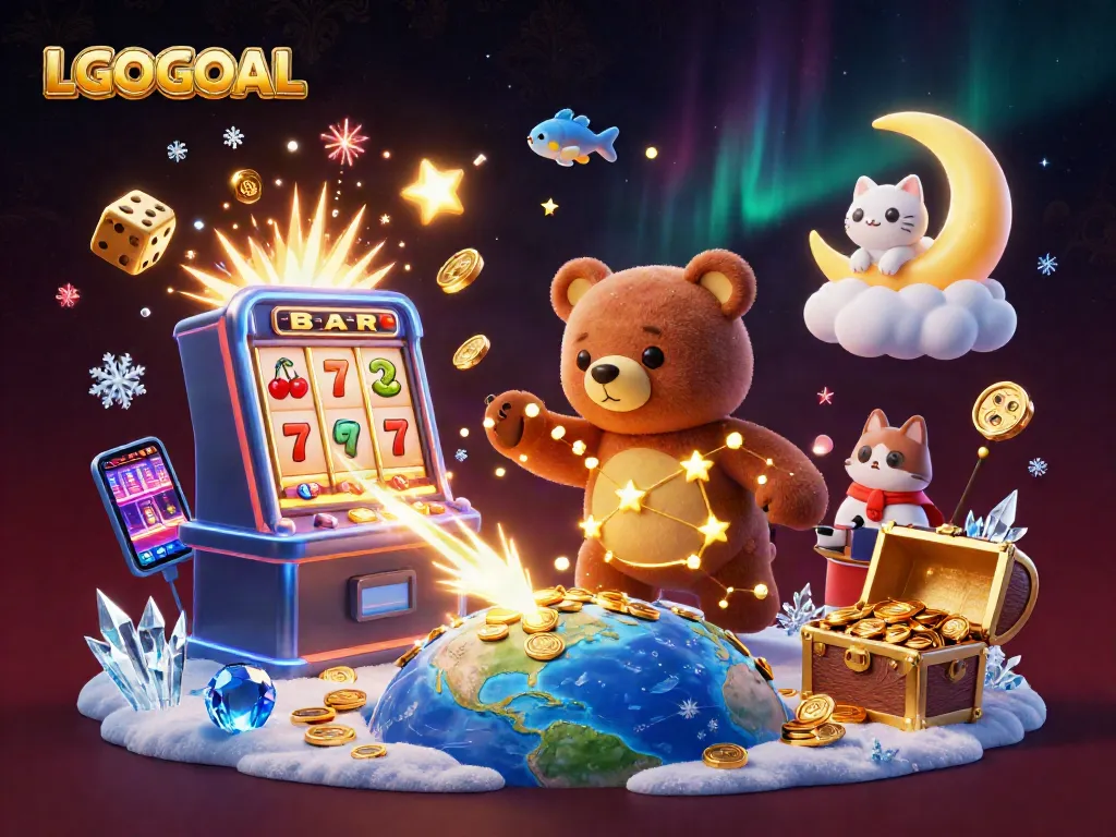 Engage with LGOGOAL's thrilling casino games as constellation bear scoops coins amid vibrant slot action.