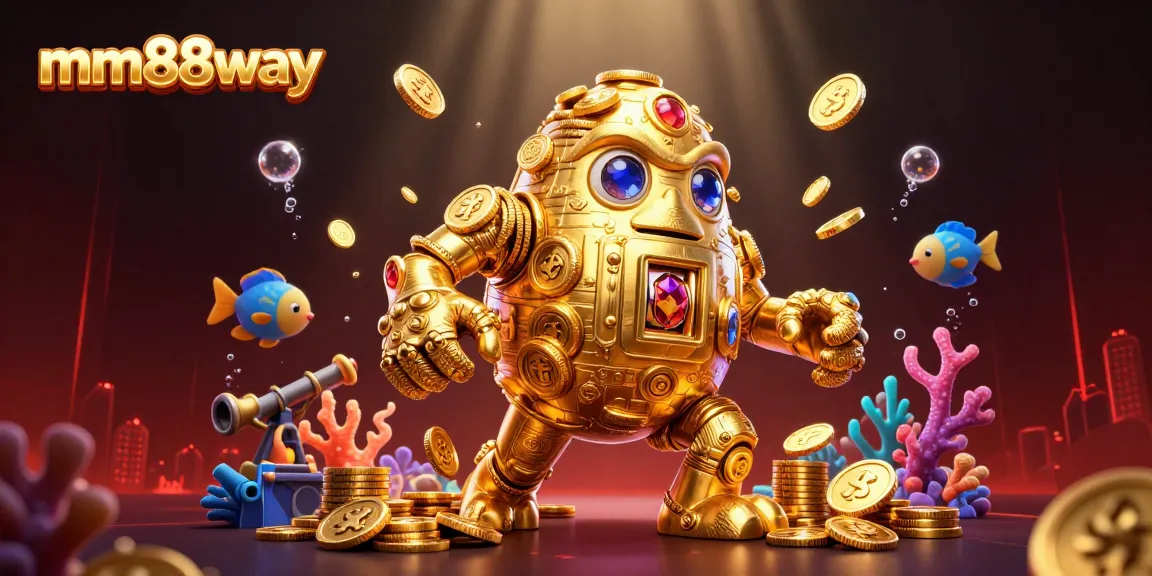 Engage with mm88way's thrilling underwater gambling experience, showcasing a golden golem and vibrant sea life.