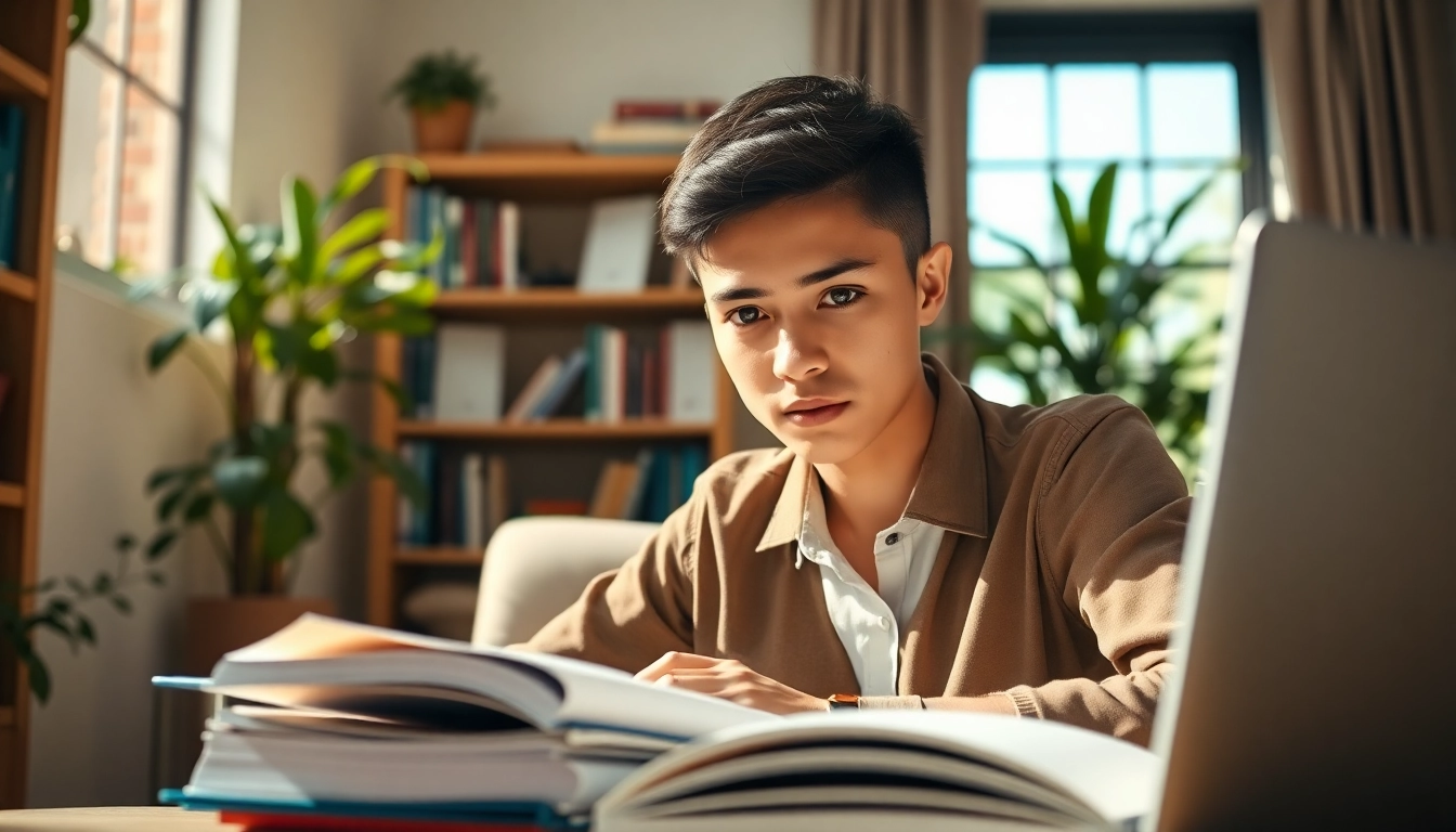 Engaged student utilizing exam assistance materials in a bright home office setting.