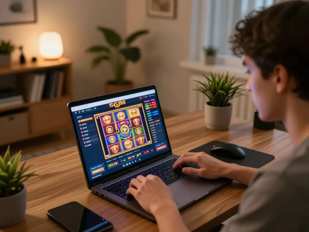 Gamer engaging with sc88 casino app on laptop, showcasing immersive online gambling experience