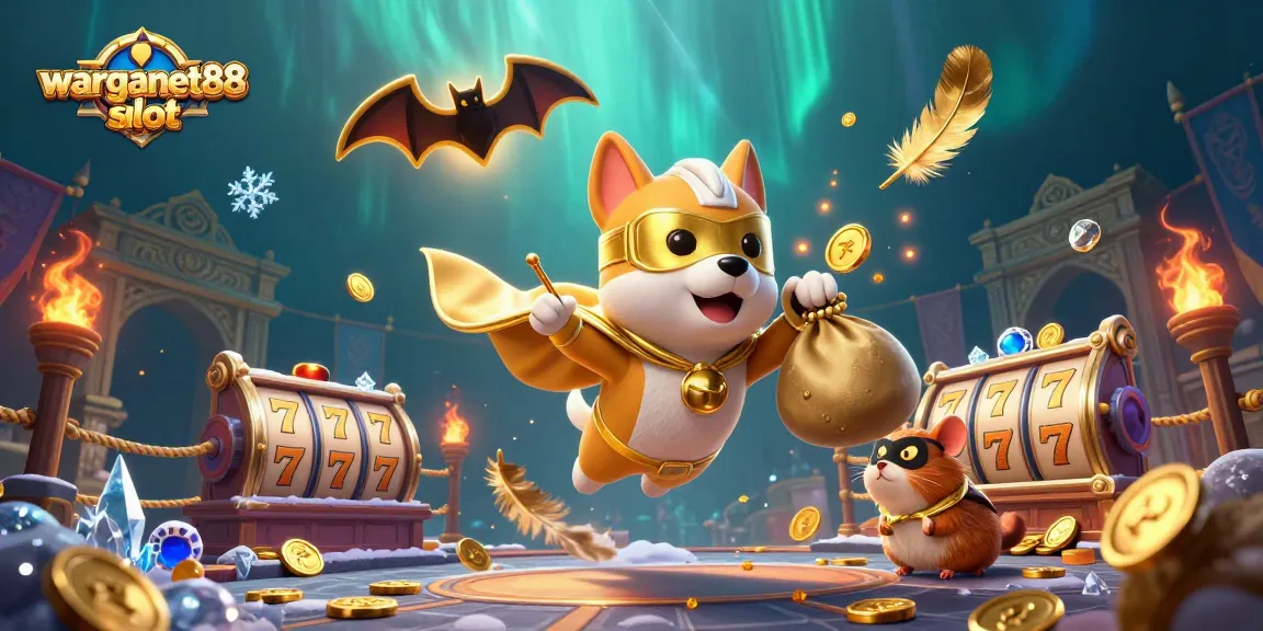 Experience the thrill of warganet88 slot with a superhero dog and sidekick in an exciting casino scene.