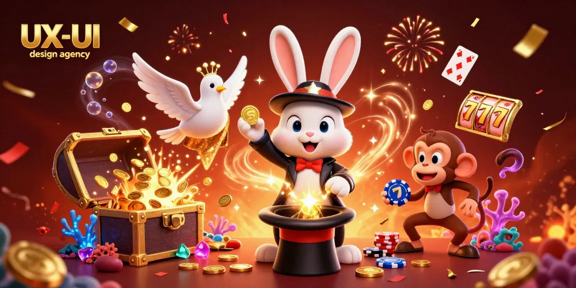 Engage with our vibrant UX/UI design agency illustration, showcasing a magician rabbit amidst casino excitement.