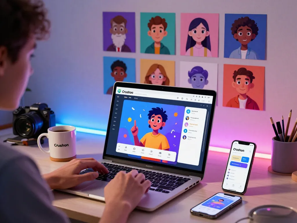Engaging Crushon AI chat interface on a laptop showcasing vibrant character interactions in a modern workspace.