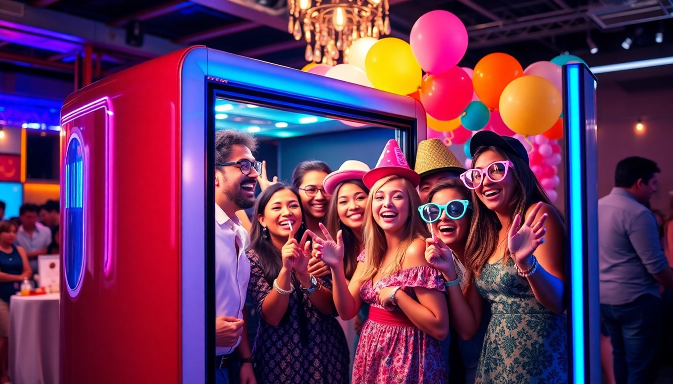 Enjoying a photo booth rental Chicago experience with friends, featuring a colorful backdrop.
